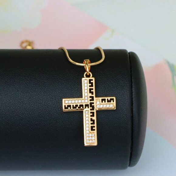 "Rose Gold Cross Pendant with Greek Key Design and Sparkling Stones, XPPT1610 - Picture 8 of 13